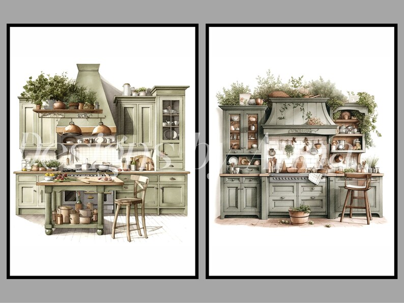 Puede incluir: Dos ilustraciones de acuarela de cocinas verdes con salpicaduras de azulejos blancos, gabinetes de madera y detalles en cobre. Las cocinas presentan un estilo de granja con estantes abiertos y una isla grande.