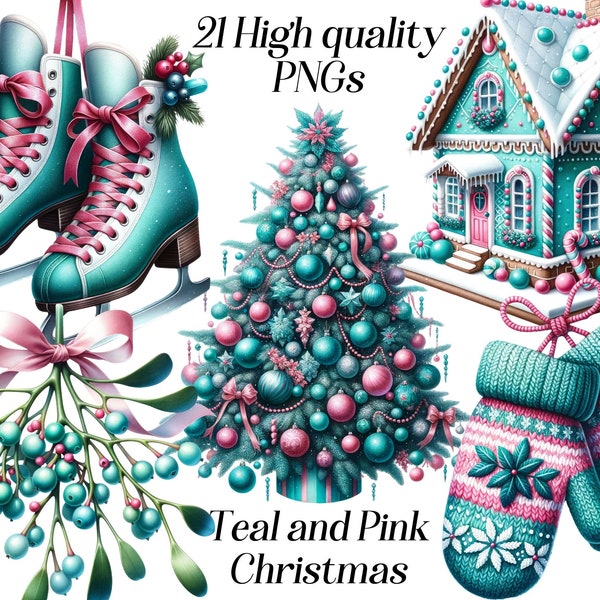 Watercolor Teal and Pink Christmas clipart, 21 high quality PNG files, festive clipart, winter holidays, turquoise christmas, printables