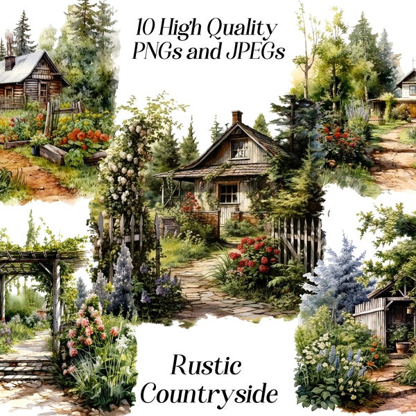 Watercolor countryside clipart, 10 high quality JPEG and PNG files, landscape clipart, rustic garden clip art, cottage core, country cottage