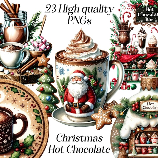 Watercolor Christmas Hot Chocolate clipart, 23 high quality PNG files, festive drink, printable graphics, winter holidays, xmas clip art