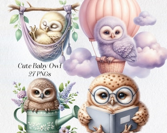 Watercolor Baby Owl Clipart: Pastel Nursery Decor (Digital Download)
