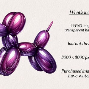 May include: Purple balloon animal shaped like a dog. The balloon animal is shiny and has a 3D effect.