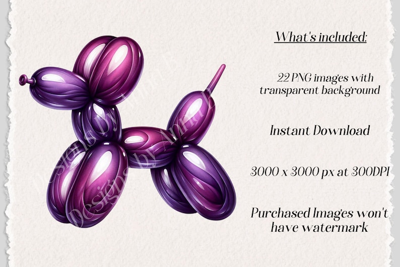 May include: Purple balloon animal shaped like a dog. The balloon animal is shiny and has a 3D effect.