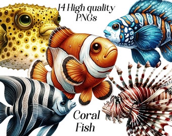 Watercolor Coral Fish clipart, 14 high quality PNG files, fish tank, aquarium fish, sea ocean animals, printable graphics, illustration