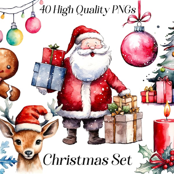 Watercolor Christmas clipart, 40 high quality PNG files, winter holidays, festive clipart, cute xmas, scrapbooking, planner stickers
