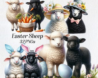 Clipart di pecore pasquali: agnelli acquerellati, animali primaverili (immagini digitali)