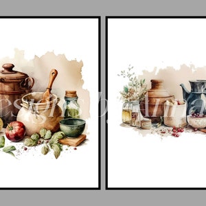 Puede incluir: Dos acuarelas de bodegones con utensilios de cocina r&uacute;sticos e ingredientes. La primera pintura muestra una olla marr&oacute;n, una cuchara de madera, una jarra de barro, un frasco de vidrio y un taz&oacute;n verde. La segunda pintura muestra una jarra marr&oacute;n, una jarra negra, un taz&oacute;n blanco, un peque&ntilde;o frasco de vidrio y un lim&oacute;n amarillo.