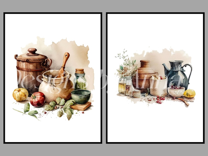 Puede incluir: Dos acuarelas de bodegones con utensilios de cocina r&uacute;sticos e ingredientes. La primera pintura muestra una olla marr&oacute;n, una cuchara de madera, una jarra de barro, un frasco de vidrio y un taz&oacute;n verde. La segunda pintura muestra una jarra marr&oacute;n, una jarra negra, un taz&oacute;n blanco, un peque&ntilde;o frasco de vidrio y un lim&oacute;n amarillo.