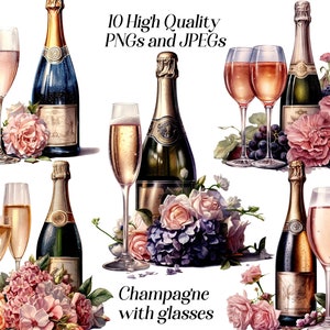 Clipart champagne aquarelle, 10 fichiers JPEG et PNG de haute qualité, coupe de champagne, invitation à une fête d'anniversaire, célébration, nouvel an, mariage