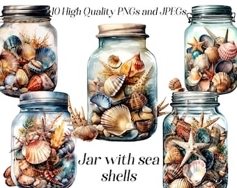 May include: Five glass jars filled with various seashells, starfish, and other ocean-themed items. The jars have silver lids and are arranged in a row. The text "Jar with sea shells" is written below the jars.