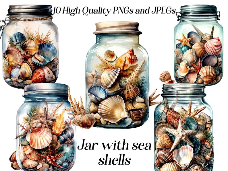 Watercolor sea shells clipart, 10 high quality JPEG and PNG files, nautical clipart, seashells clip art, ocean life, summer beach zdjęcie 1