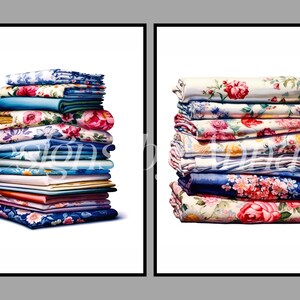 May include: Two stacks of folded floral patterned fabric in shades of blue, pink, and white. The fabric is folded neatly and stacked on a white background.