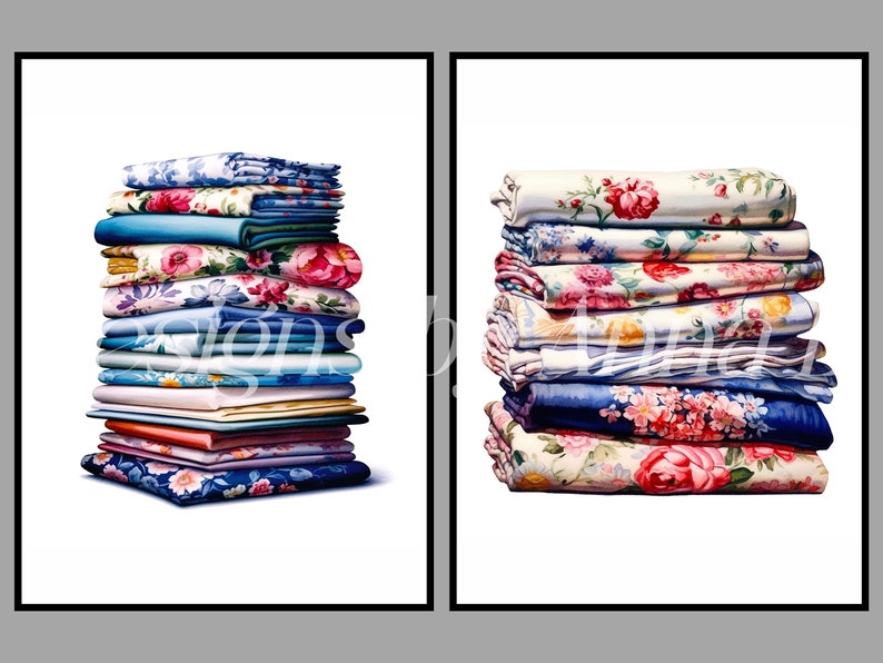 May include: Two stacks of folded floral patterned fabric in shades of blue, pink, and white. The fabric is folded neatly and stacked on a white background.