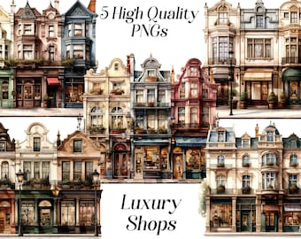Clipart de tiendas de lujo en acuarela: Archivos PNG de calles de la ciudad (Descarga digital)