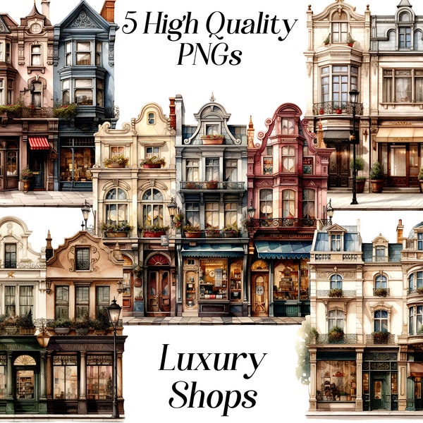 Watercolor luxury shops clipart, 5 high quality PNG files, front of the store, buildings, city street, shopping centre, printables