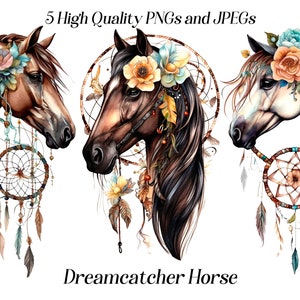 Watercolor horse clipart, 5 High Quality JPEGs, Bohemian horse with dreamcatcher, Horse illustrations, printable graphics