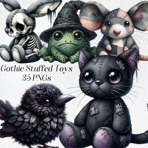 Brinquedos góticos clipart, aquarela brinquedos de pelúcia clip art, png, animais de pelúcia, brinquedos assustadores, gato gótico, coelho assustador, imprimível, download digital