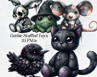 May include: A set of five gothic stuffed toys, including a black cat, a frog wearing a witch's hat, a black bird, a rabbit with a skull, and a mouse with a patchwork design. The toys are all stitched with a distressed look and have large, expressive eyes. The text "Gothic Stuffed Toys 35 PNGs" is visible at the bottom of the image.