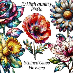 May include: Ten high quality stained glass flower PNG images. The images feature a rose, poppy, daisy, daffodil, and magnolia. The flowers are all in vibrant colors and have a detailed, intricate design.