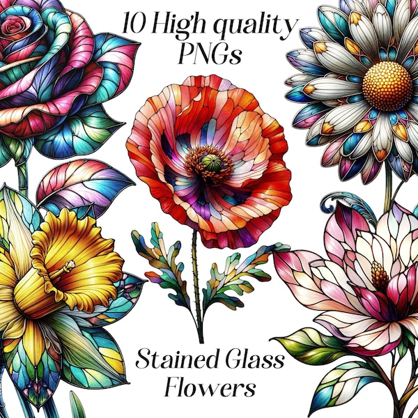 Watercolor Stained Glass Flowers clipart, 10 high quality PNG files, floral clipart, botanical illustration, printable graphics