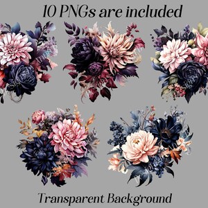 May include: Ten digital images of floral bouquets with a transparent background. The bouquets feature pink, white, and dark blue flowers with burgundy and gold accents.