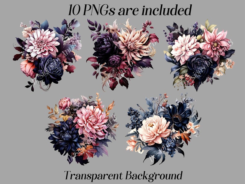May include: Ten digital images of floral bouquets with a transparent background. The bouquets feature pink, white, and dark blue flowers with burgundy and gold accents.