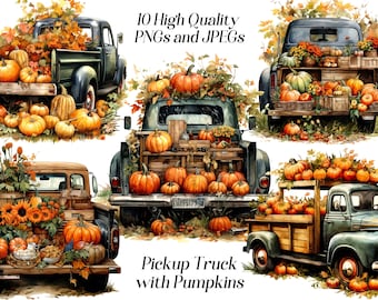 Watercolor pickup truck clipart, 10 high quality JPEG and PNG files, pumpkins harvest, fall clipart, autumn scenery, farm life