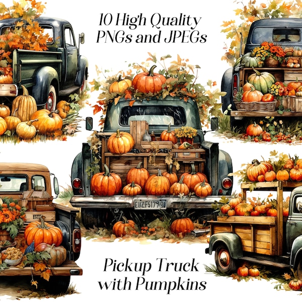 Aquarell-Pickup-Truck-Clipart, 10 hochwertige JPEG- und PNG-Dateien, Kürbisernte, Herbst-Clipart, Herbstlandschaft, Bauernhofleben