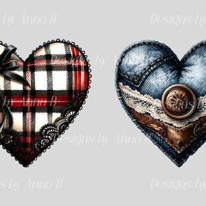 May include: Two heart-shaped decorations. One is red and white plaid with black lace trim and a black bow. The other is blue denim with brown leather trim and white lace. Both have a vintage, handmade look.