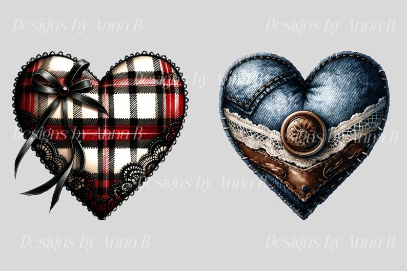 May include: Two heart-shaped decorations. One is red and white plaid with black lace trim and a black bow. The other is blue denim with brown leather trim and white lace. Both have a vintage, handmade look.