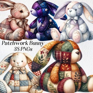 Clipart de coelho de retalhos, clipart de coelho de pelúcia fofo em aquarela, png, brinquedo de pelúcia, animal, arte infantil, gráficos para impressão, imagens digitais