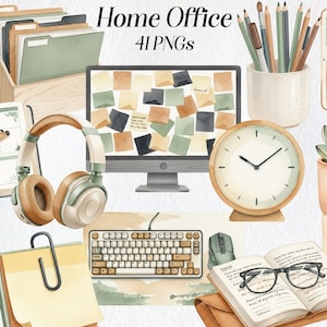Home Office Clipart, Cozy Workspace PNGs, Watercolor Desk Decor, Digital Download