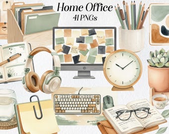 Clipart de Home Office, PNGs de Espaço de Trabalho Aconchegante, Decoração de Mesa em Aquarela, Download Digital