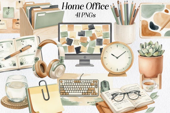 Home Office Clipart, Cozy Workspace PNGs, Watercolor Desk Decor, Digital Download