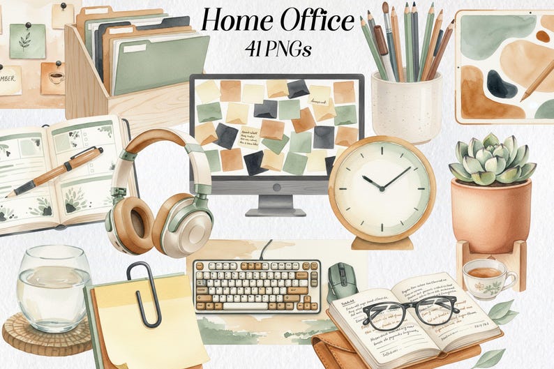 May include: Watercolor illustration of a home office setup with various elements. Includes a computer monitor with sticky notes, headphones, a clock, a keyboard, a succulent in a pot, and stationery. The text "Home Office 41 PNGs" is visible.