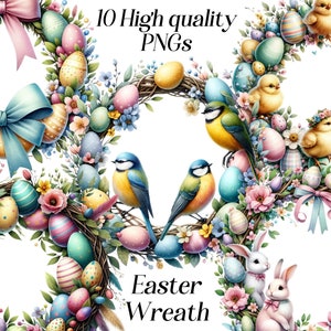 水彩イースターリースのクリップアート、10 個の高品質 PNG ファイル、イースター グラフィック、花、ひよこ、うさぎ、卵、春のイラスト、印刷可能