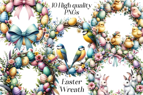Watercolor Easter Wreath Clipart: Floral Spring PNG Graphics (Digital Download)