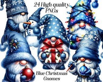 Christmas Gnomes clipart, blue gnomes, png, watercolor, digital, cute gnome, festive, merry christmas, printable, winter