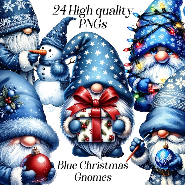 Watercolor Blue Christmas Gnomes clipart, 24 high quality PNG files, winter holidays, xmas illustrations, printable images, festive clip art