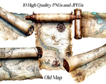 Watercolor Old map clipart, 10 High quality JPEG and PNG files, Vintage map, digital ephemera, vintage stickers, printables.