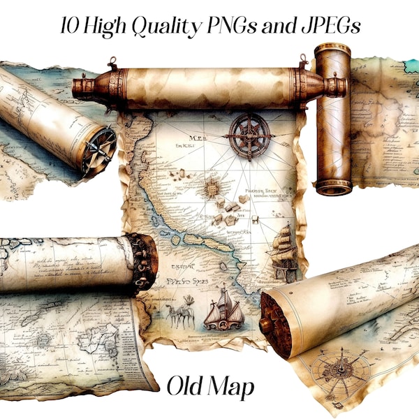 Watercolor Old map clipart, 10 High quality JPEG and PNG files, Vintage map, digital ephemera, vintage stickers, printables.