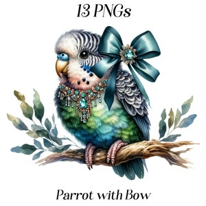 Watercolor Parrot Clipart: Exotic Bird with Bow (13 PNG Files)