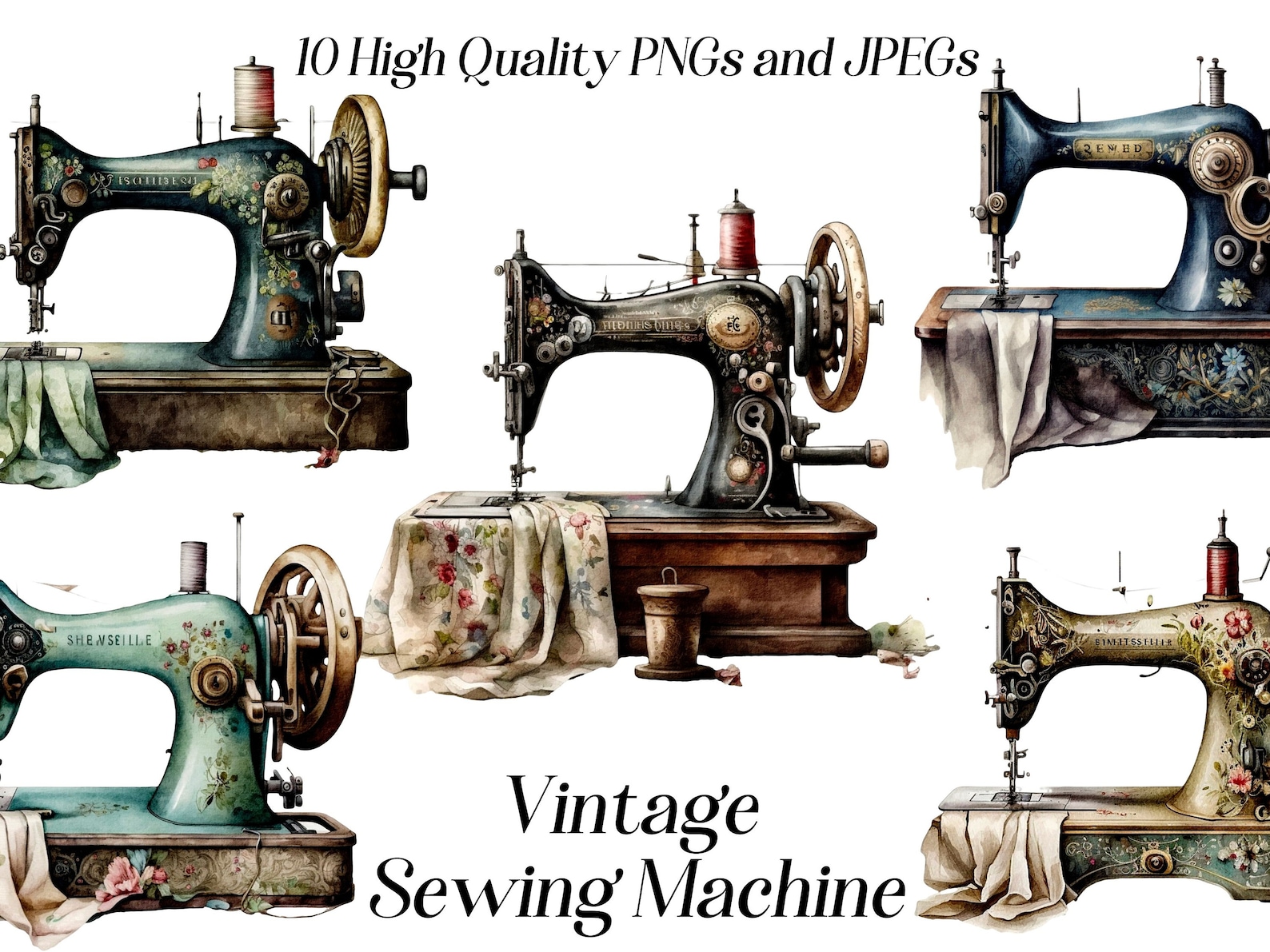 Watercolor Vintage Sewing Machine Clipart 10 High Quality Etsy