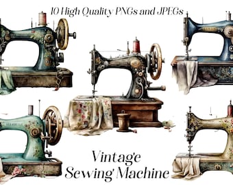 Máquina de coser vintage en acuarela: imágenes estilo cottagecore (PNG, JPEG)