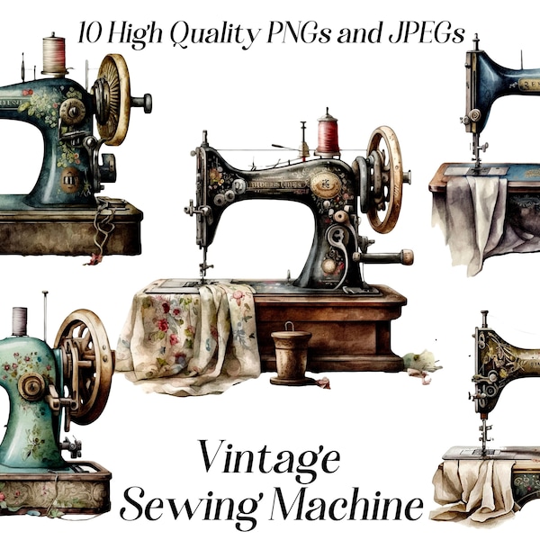 Clipart de machine à coudre vintage aquarelle, 10 fichiers JPEG et PNG de haute qualité, clipart vintage, cottagecore, rétro, graphiques imprimables