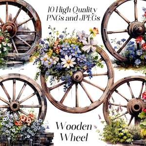 Aquarel houten wiel clipart, 10 hoge kwaliteit jpeg- en png-bestanden, wagenwiel, westerse illustraties, scrapbooking, junkjournal