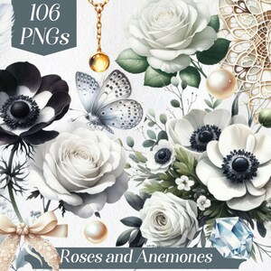 Imágenes prediseñadas de rosas y anémonas, flores de boda, flores blancas, flores, decoración, flores de invierno, imágenes prediseñadas botánicas, decoración de páginas, composición de esquinas