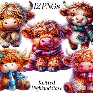 Clipart vache Highland tricotée aquarelle, vache mignonne, animaux de la ferme, crochet, tricot, décoration de ferme, illustration, numérique, png, graphiques