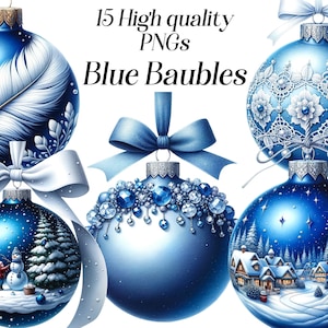 Clipart aquarelle boules bleues, 15 fichiers PNG de haute qualité, clipart festif, ornements d'arbre de Noël, graphiques imprimables, illustration de Noël