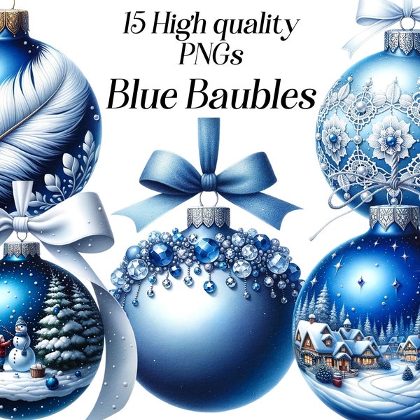 Watercolor Blue Baubles clipart, 15 high quality PNG files, festive clipart, Christmas tree ornaments, printable graphics, xmas illustration